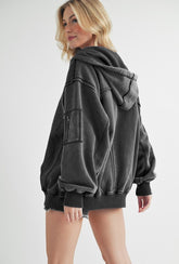 LIZAKOSHT  -  Exposed Seam Zip Up Drawstring Hooded Jacket